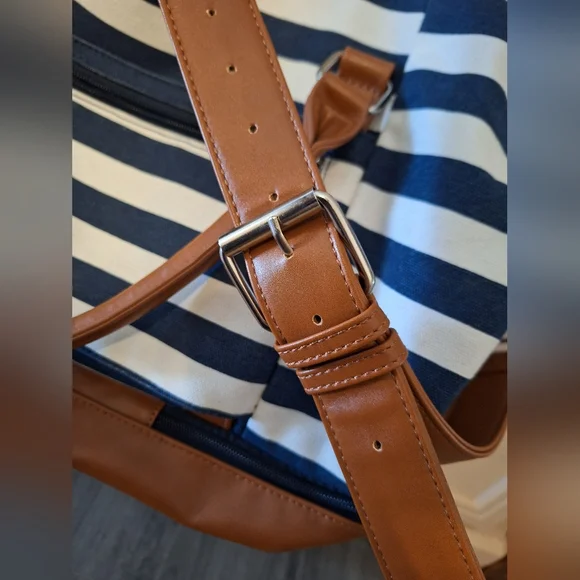 Lovevook Striped Blue and White Weekender Bag with Tan Accents - Picture 9 of 16